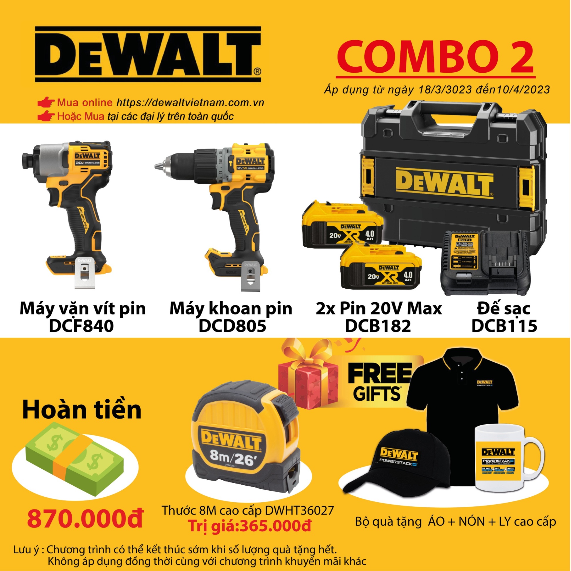 COMBO 2 THÁNG 3 DEWALT - THÂN MÁY VẶN VÍT DCF840 + BỘ MÁY KHOAN PIN DCD805M2T