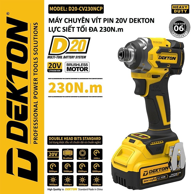 MÁY VẶN VÍT DÙNG PIN 20V DEKTON D20-CV230NCP (CHUNG CHÂN PIN DEWALT)