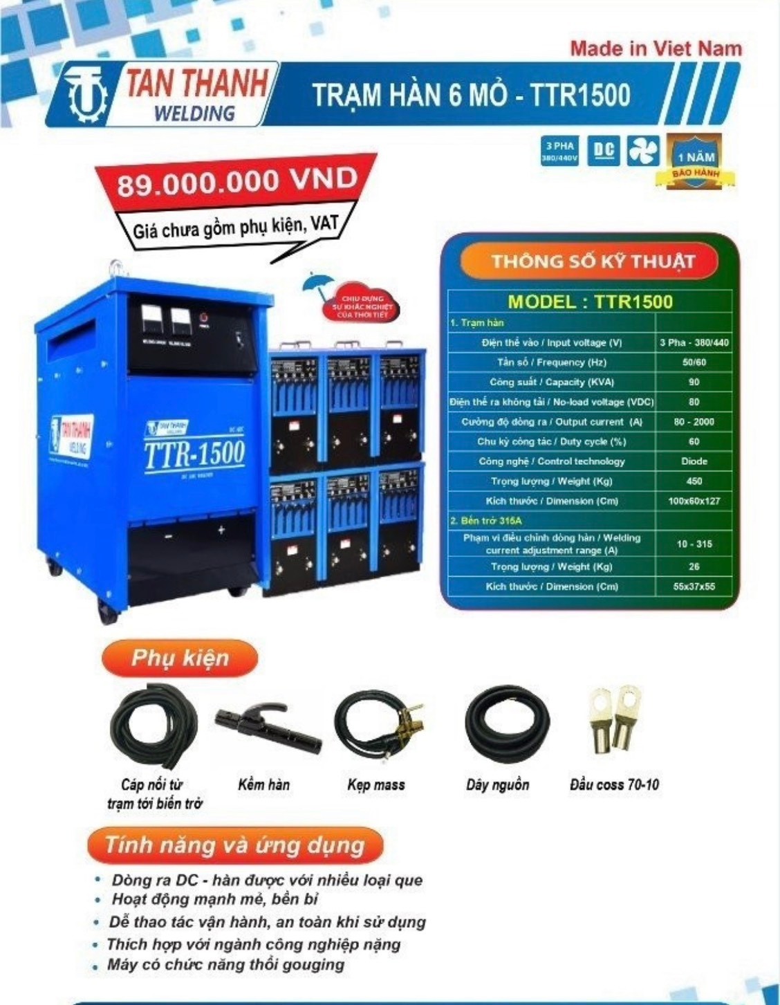 MÁY HÀN QUE 1 CHIỀU 6 MỎ TÂN THÀNH TTR1500