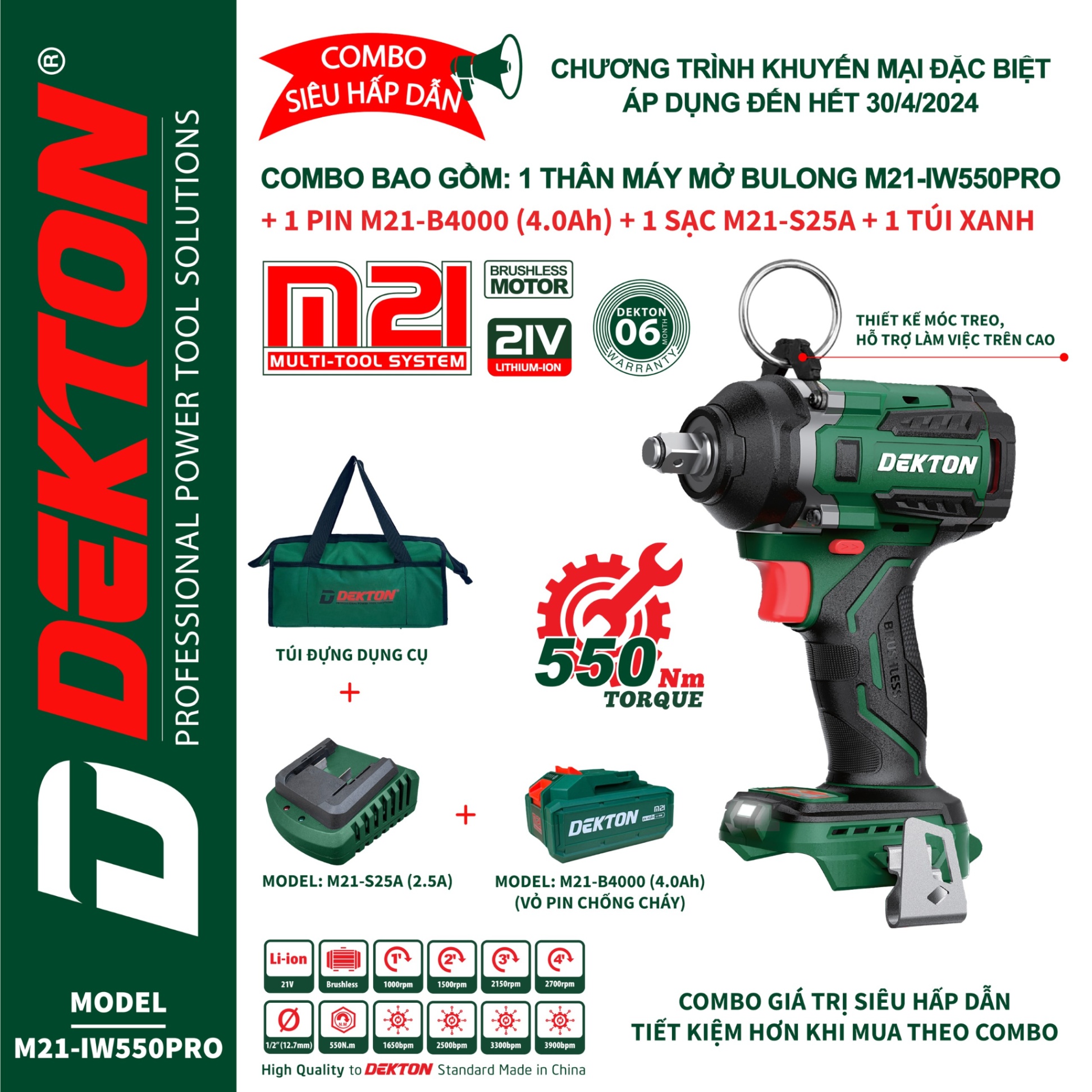 COMBO MÁY SIẾT BULONG DÙNG PIN 21V DEKTON M21-IW550PRO