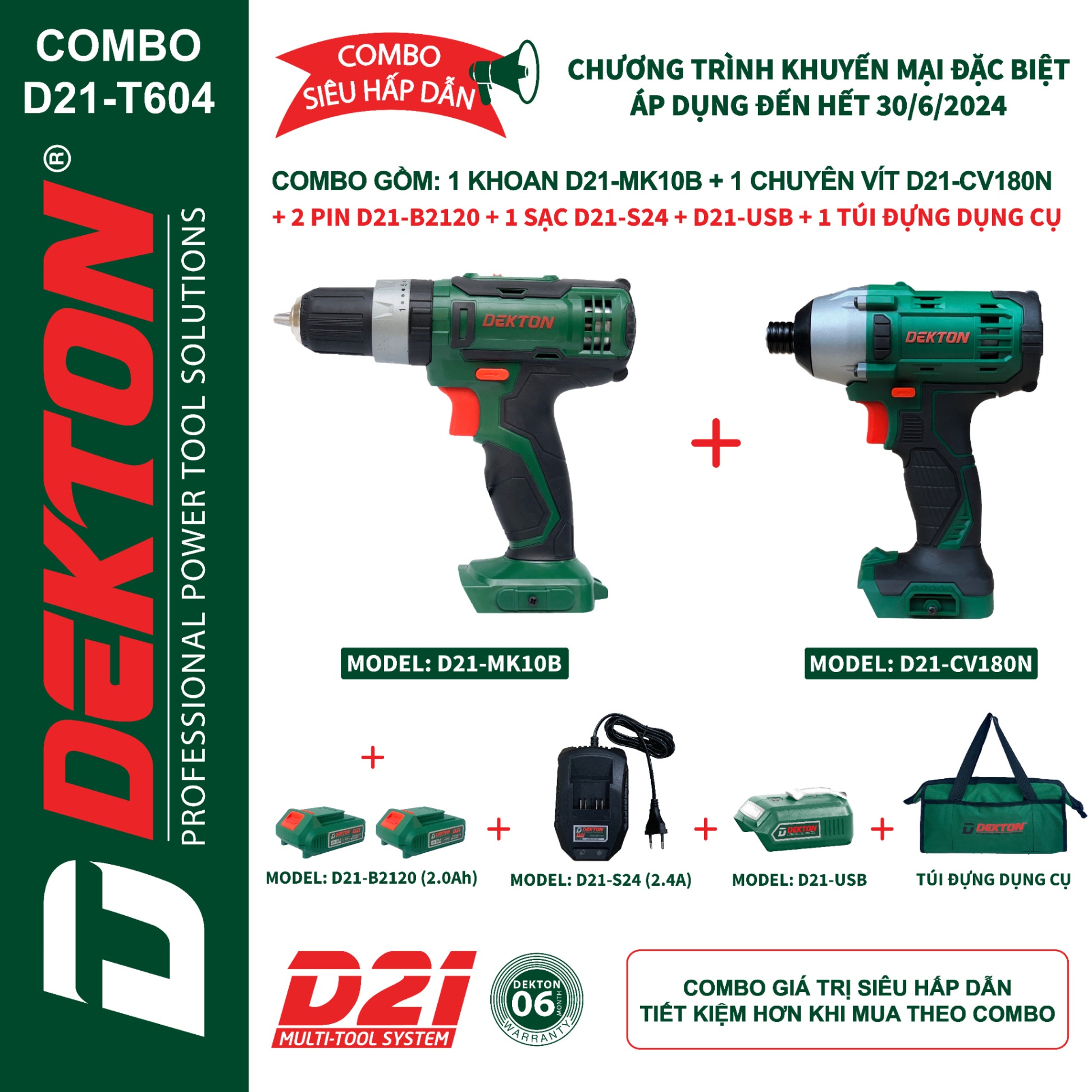 COMBO 1 MÁY KHOAN D21-MK10B + 1 MÁY VẶN VÍT D21-CV180N + 2 PIN 2.0Ah + 1 SẠC + 1 TÚI + 1 ĐẾ CHUYỂN