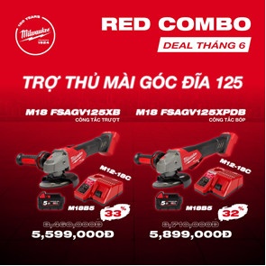 COMBO MILWAUKEE T6/2024 MÁY MÀI GÓC PIN FSAGV125XPBD + PIN 18V 5.0Ah + SẠC M1218C