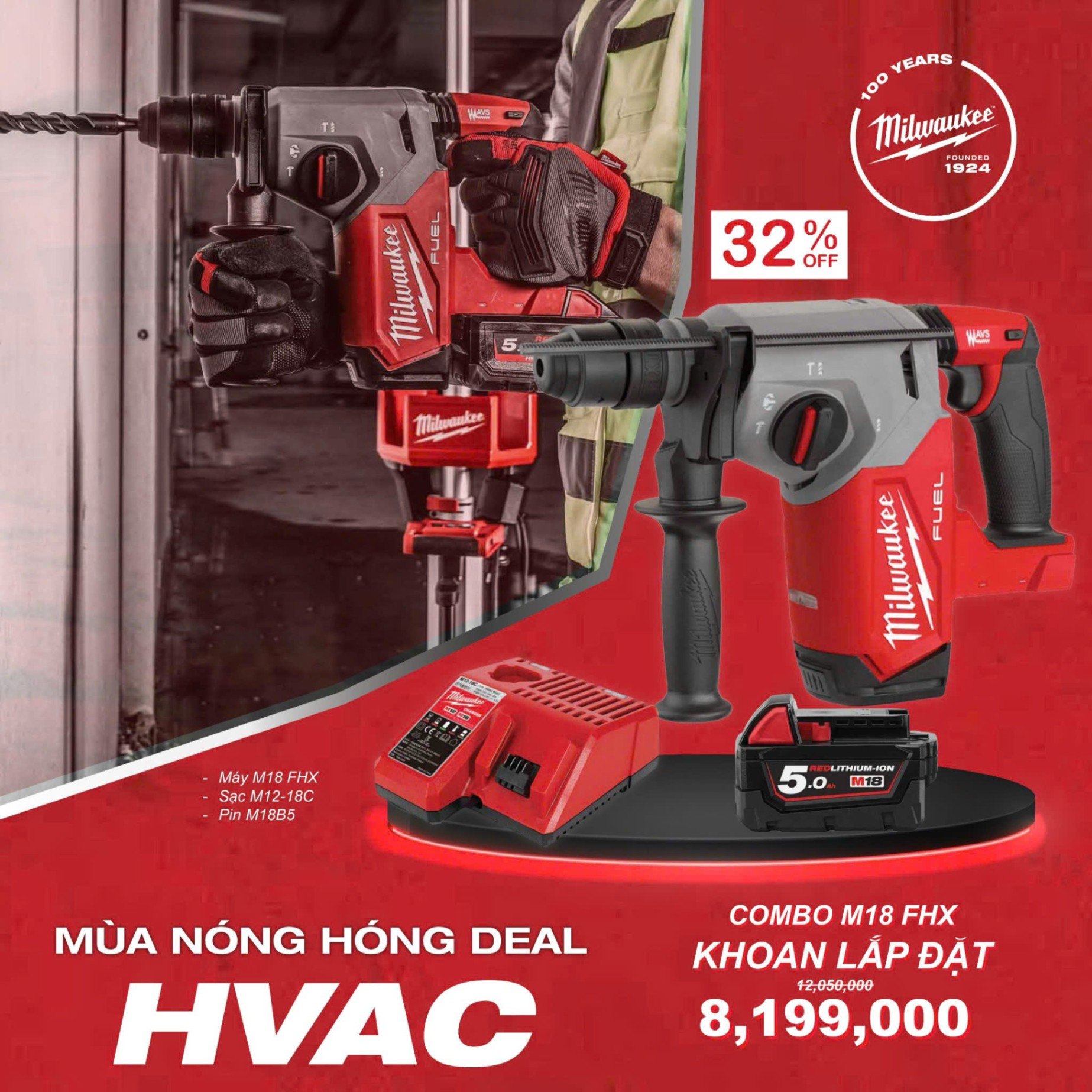 COMBO T5 MÁY KHOAN BÚA MILWAUKEE M18 FHX - SẠC M12 18C - PIN M18 5.0Ah