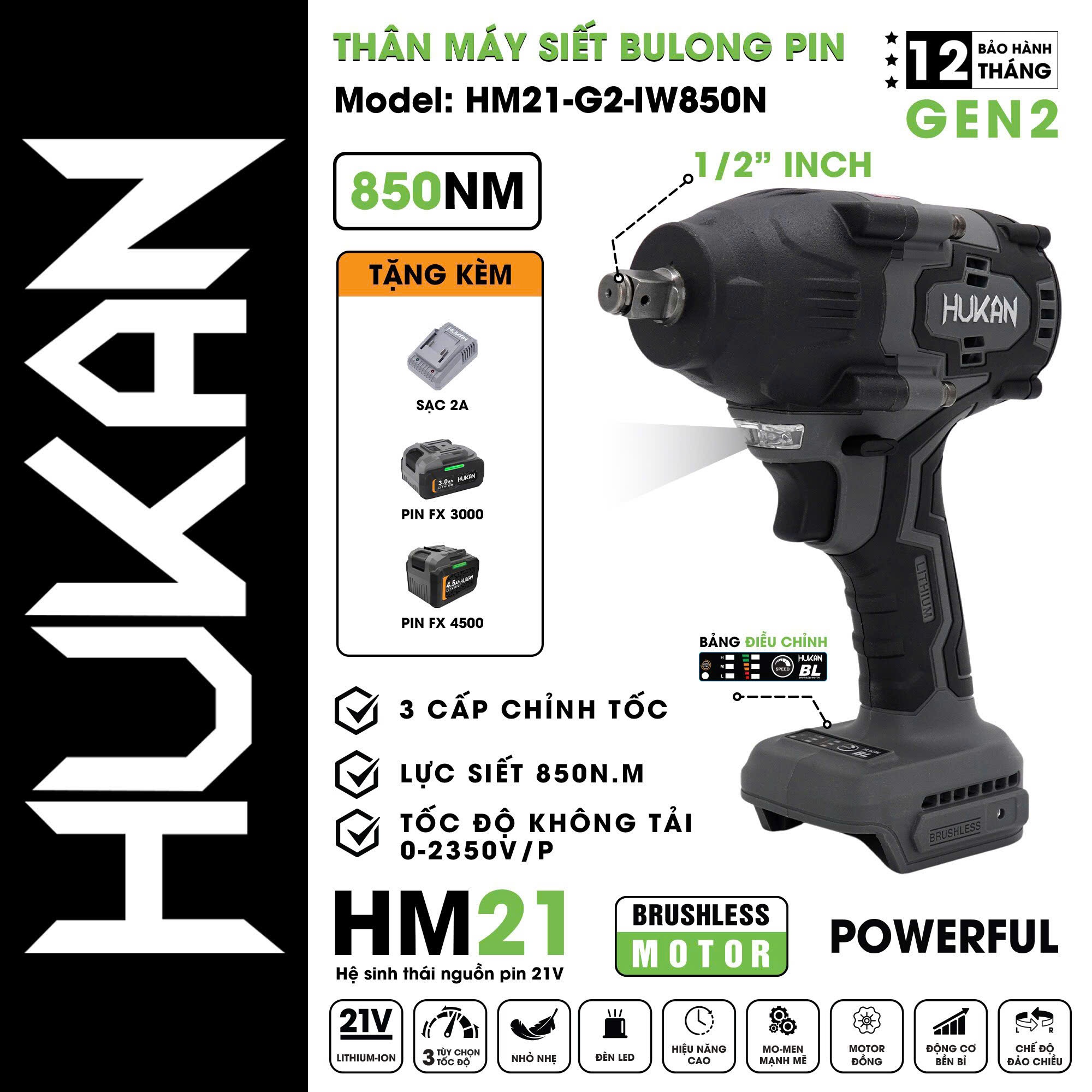 THÂN MÁY VẶN BULONG HUKAN, HM21-G2-IW850N CHÍNH HÃNG