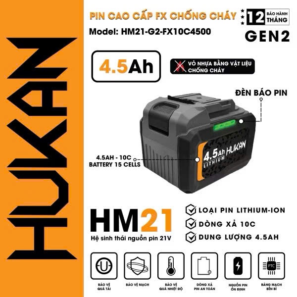 PIN 15 CELL HUKAN, HK-HM21-G2-FX10C4500, CÓ HỘP ( PIN THEO BỘ BULONG 850W)