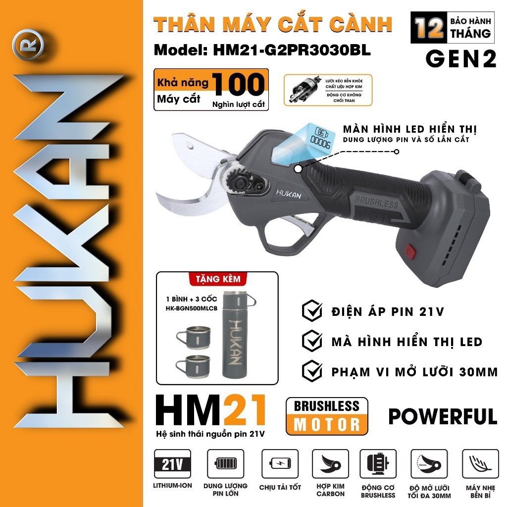 COMBO THÂN MÁY MÁY CẮT CÀNH (GEN2) KÈM PIN 1 Pin FX3000 + SẠC 1.5HUKAN HM21-G2PR3030BL