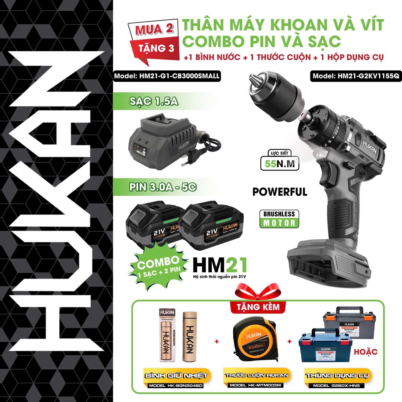 THÂN MÁY KHOAN VÀ VÍT HUKAN HM21-G3KV1155Q + PIN + SẠC TẶNG BÌNH NHỰA + THƯỚC CUỘN + THÙNG NHỰA ( HẾT 31/10.2024)