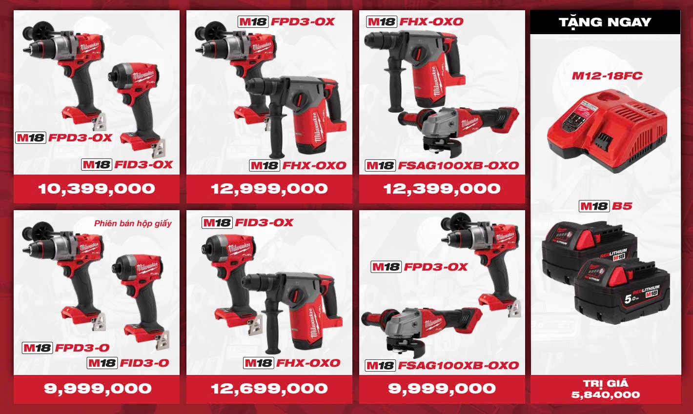 SPECIAL COMBO T11/2024 MÁY KHOAN MILWAUKEE M18 FPD3 - MÁY MÀI M18 FSAG100XB - 2 PIN M18B5 - SẠC M12 18FC