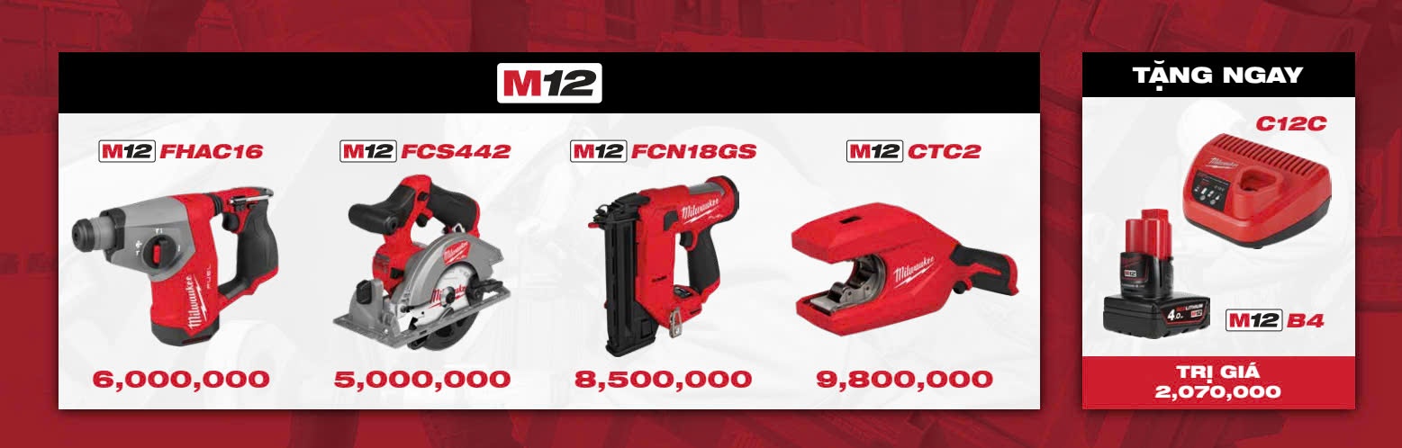 NEW PRODUCT T11/2024 MÁY KHOAN BETONG MILWAUKEE M12 FHAC16 - PIN M12B4 - SẠC C12C