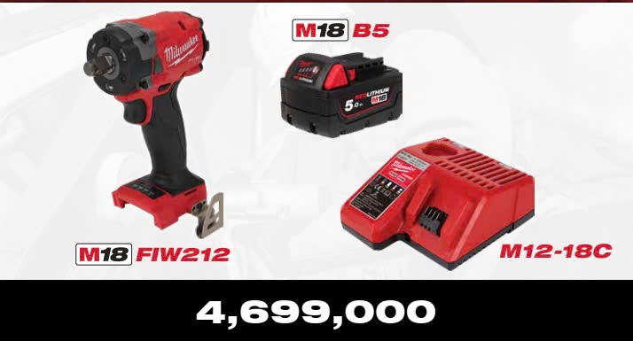 EXPANSION T11/2024 MÁY SIẾT BULONG MILWAUKEE M18 FIW212 - PIN M18 B5 - SẠC M12 18C