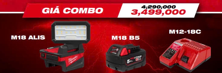 T3/2025 COMBO ĐÈN MILWAUKEE M18 ALIS - PIN M18B5 - SẠC M12 18C