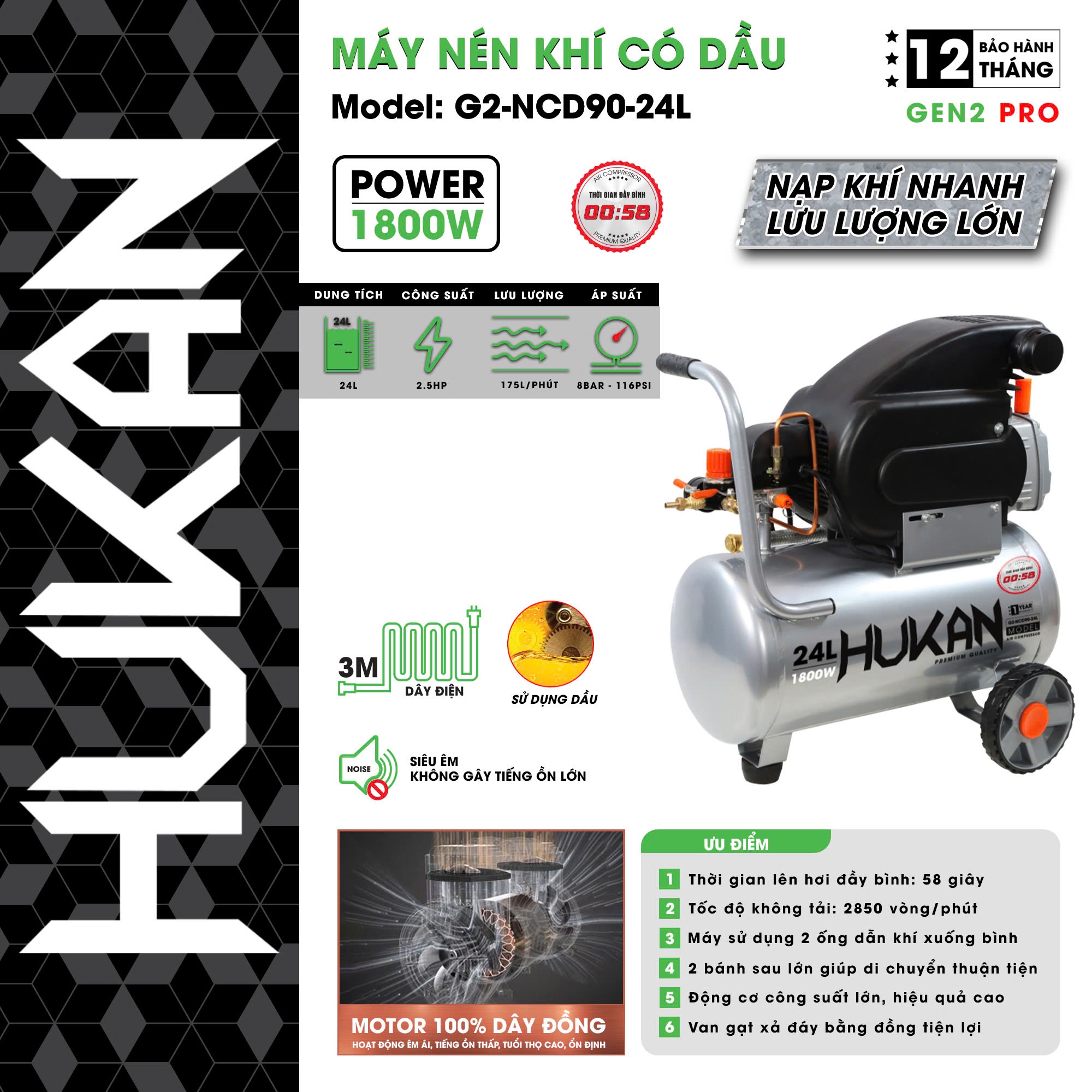 MÁY NÉN KHÍ CÓ DẦU BÌNH 24 LÍT (GEN2 PRO) G2-NCD90-24L