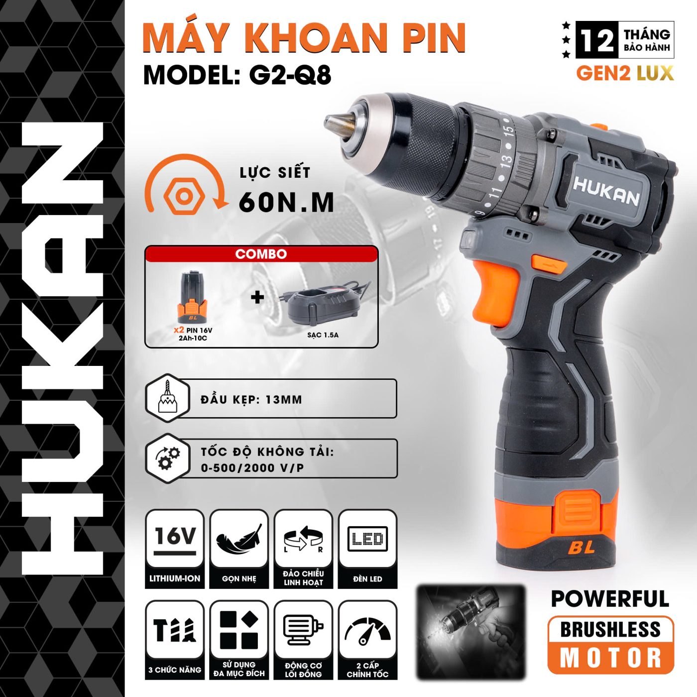 MÁY KHOAN PIN GEN 2 G2-Q8 HUKAN