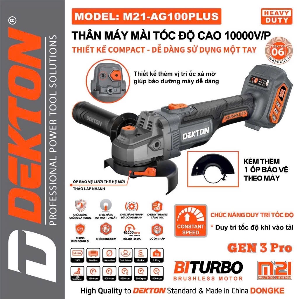 MÁY MÀI GÓC 100MM DÙNG PIN 21V DEKTON M21-AG100PLUS (CHƯA PIN & SẠC)
