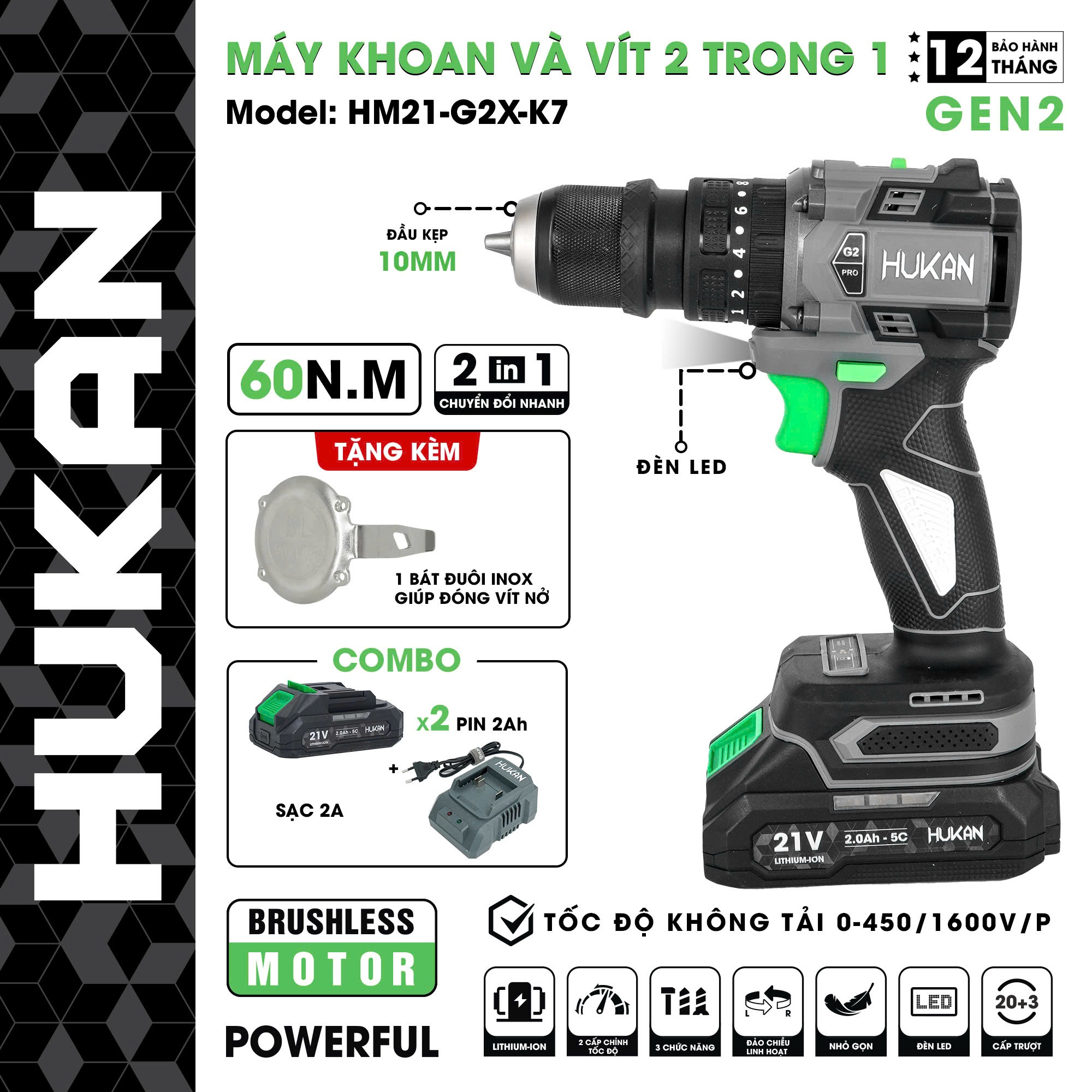Máy khoan pin 3 chức năng 10mm- Khoan và vít (GEN 2) HM21-G2X-K7