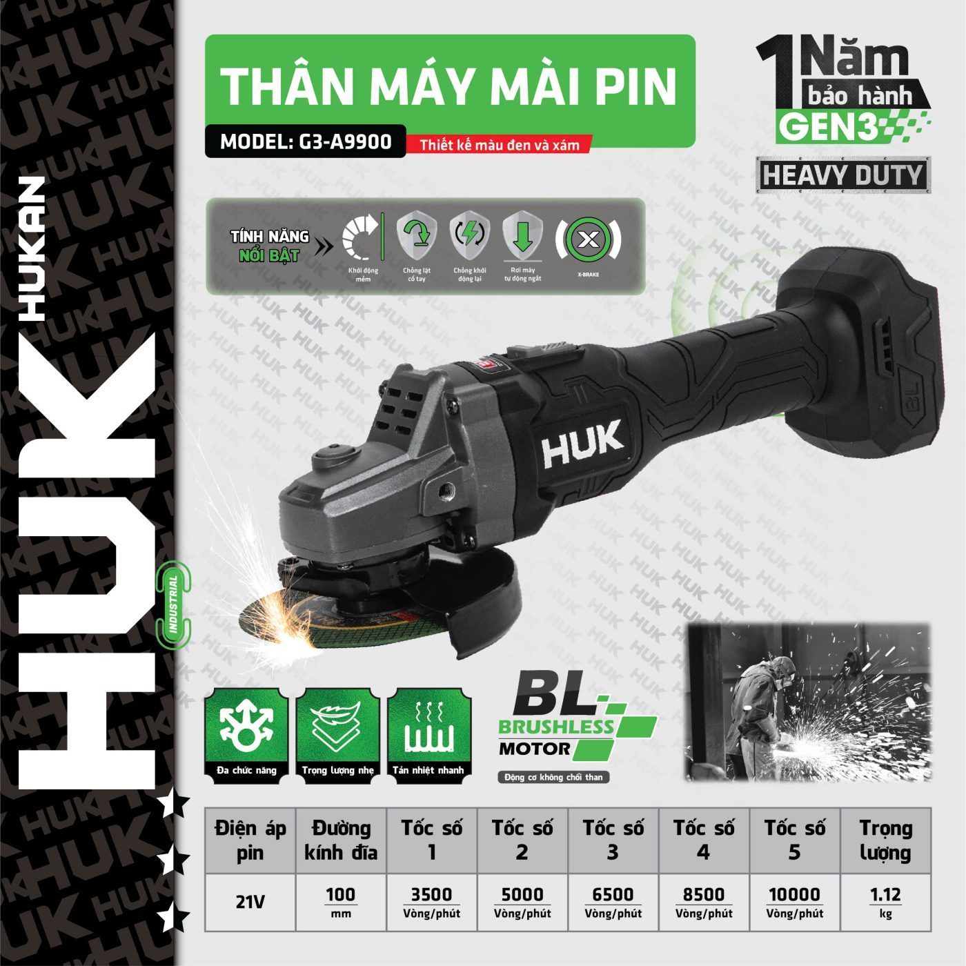 Thân máy cắt mài pin 5 tốc độ (GEN3) G3-A9900 Hukan