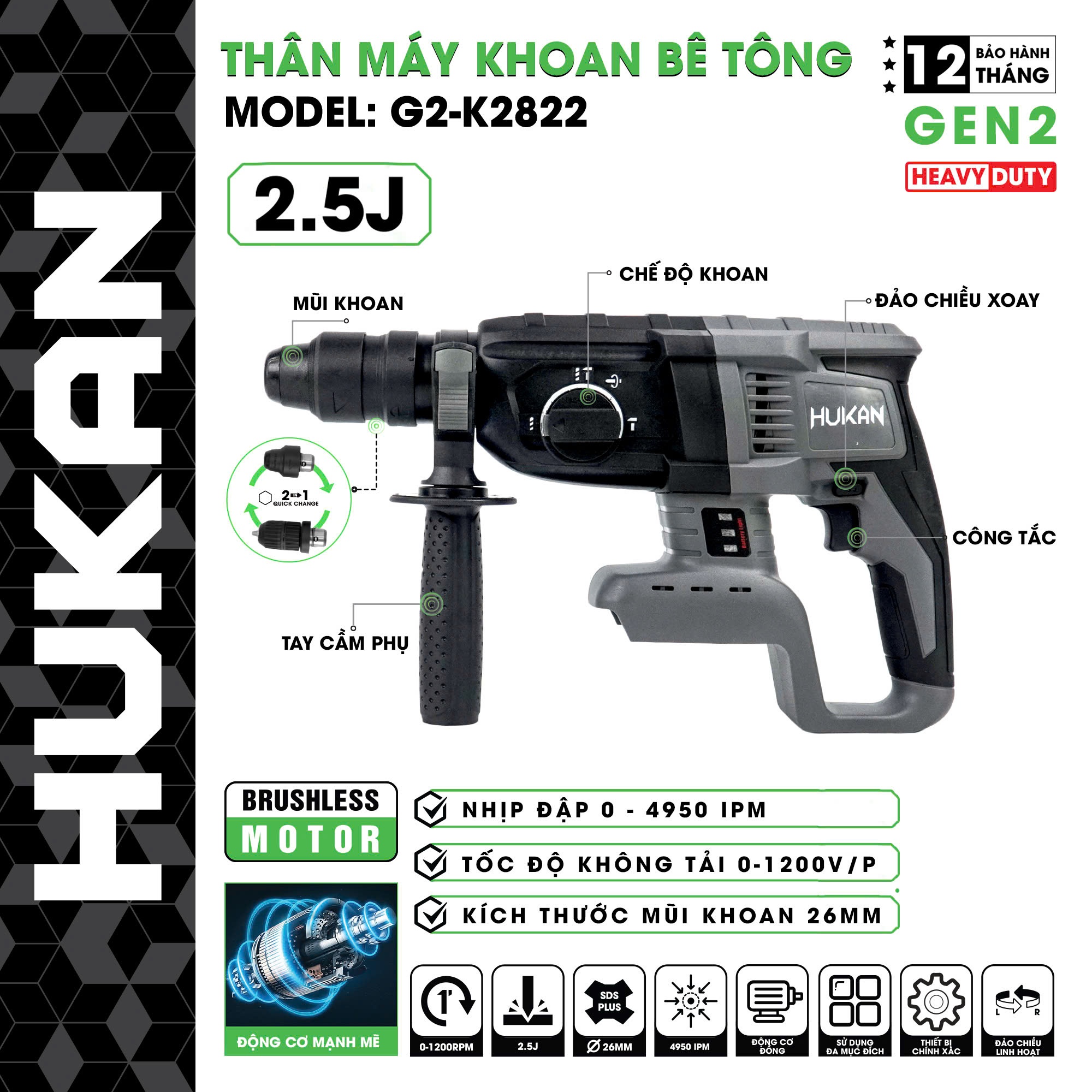 Thân máy khoan bê tông dùng pin 3 chức năng G2-K2822 HUKAN