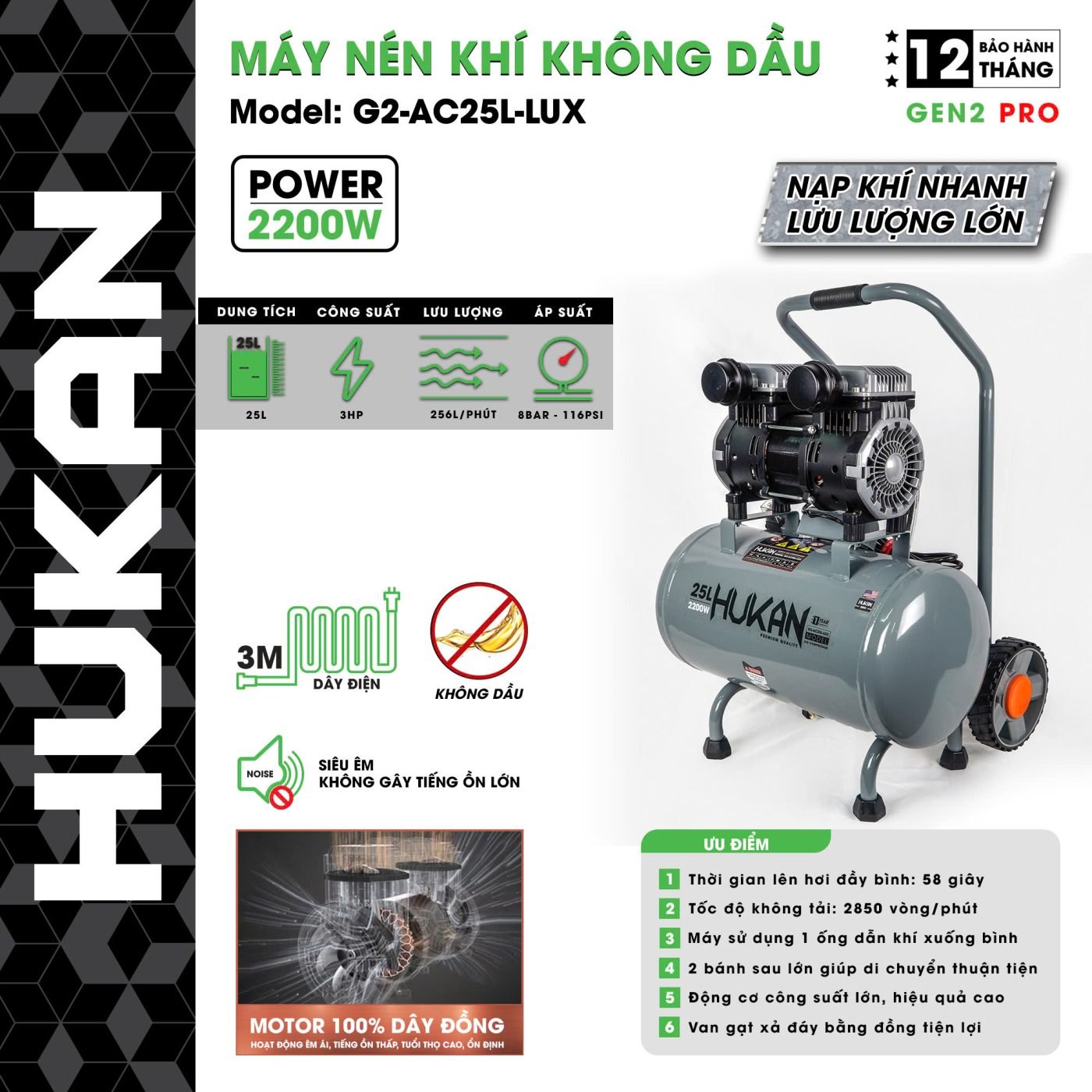 MÁY NÉN KHÍ KHÔNG DẦU (GEN2 PRO) G2-AC25L-LUX HUKAN