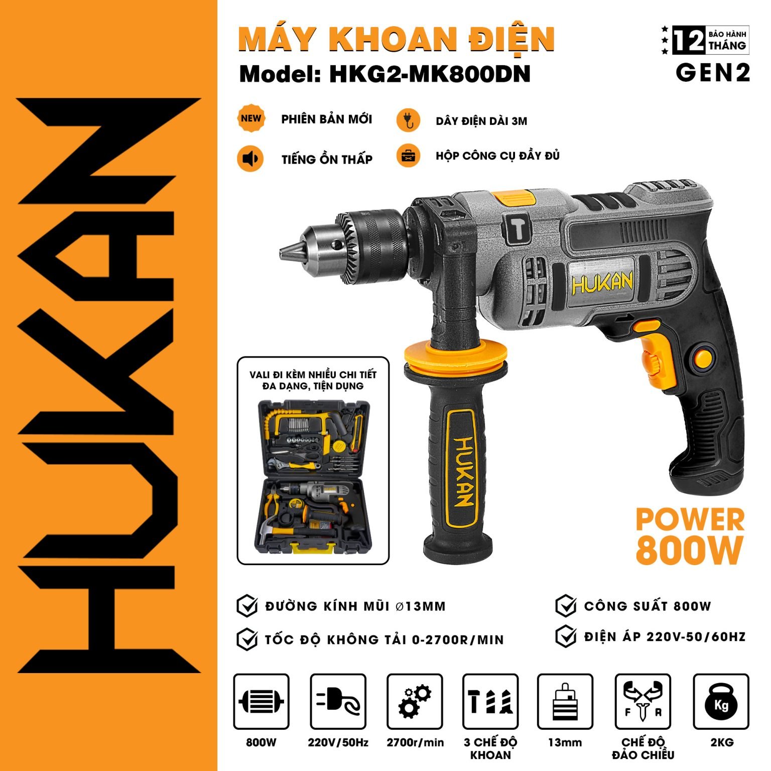 MÁY KHOAN ĐIỆN 13MM (GEN2) HKG2-MK800DN HUKAN