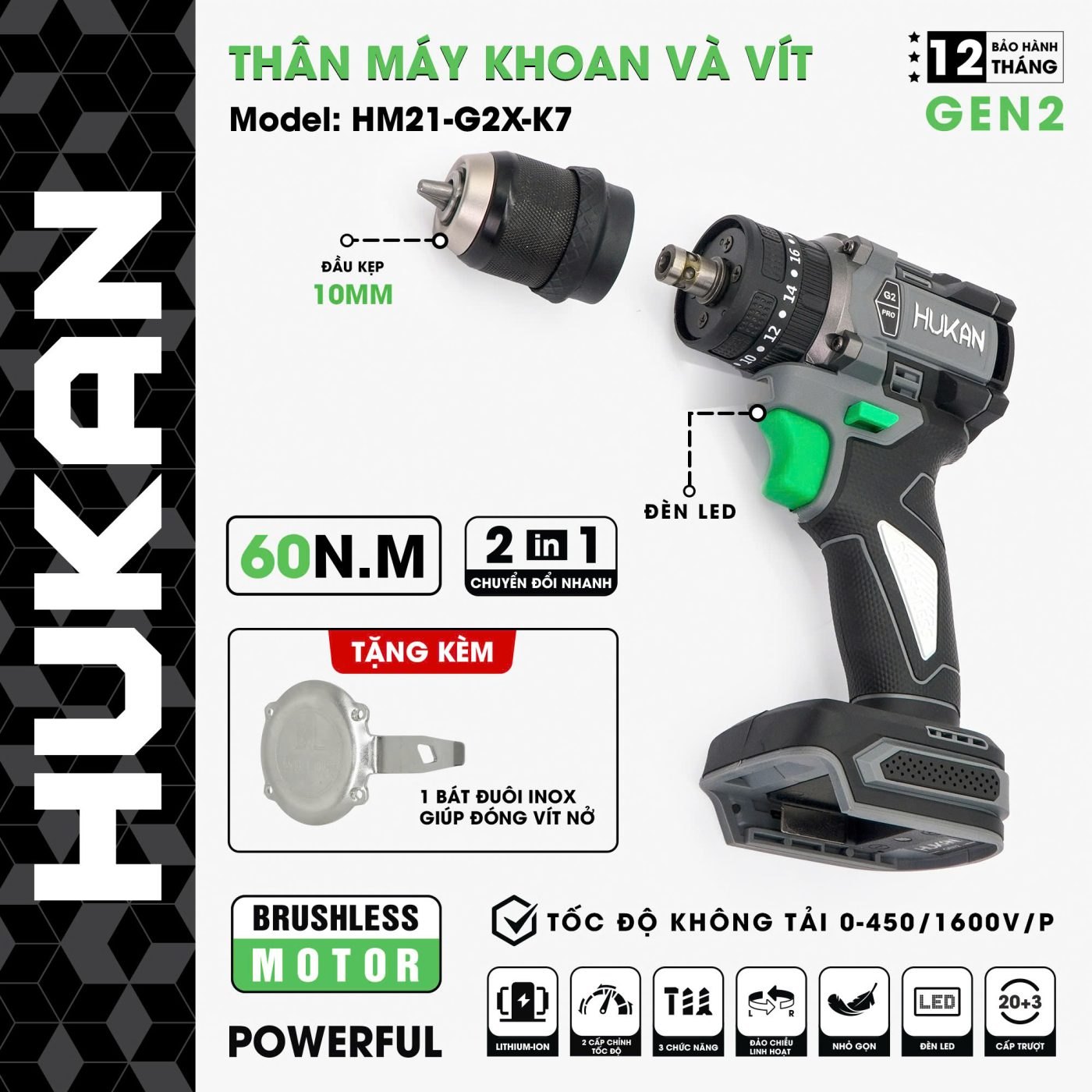 THÂN KHOAN PIN 3 CHỨC NĂNG 10MM- KHOAN VÀ VÍT (GEN2) BODY HM21-G2X-K7 HUKAN