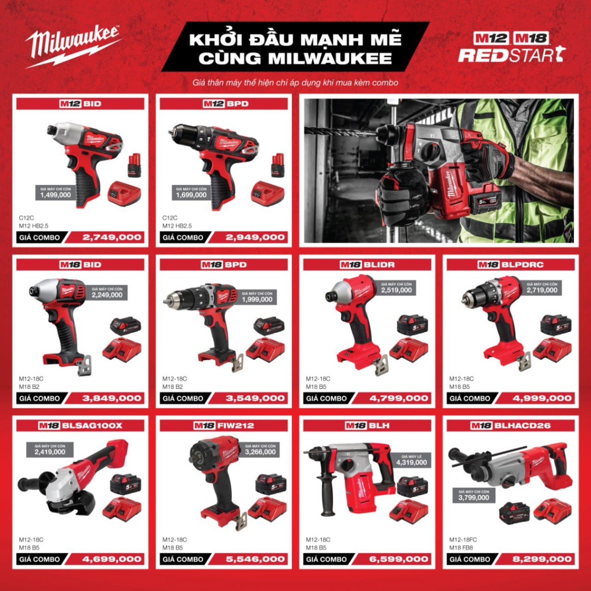 RED STAR COMBO MÁY KHOAN BETONG MILWAUKEE M18 BLHACD26 - PIN M18B5 - SẠC M12-18C