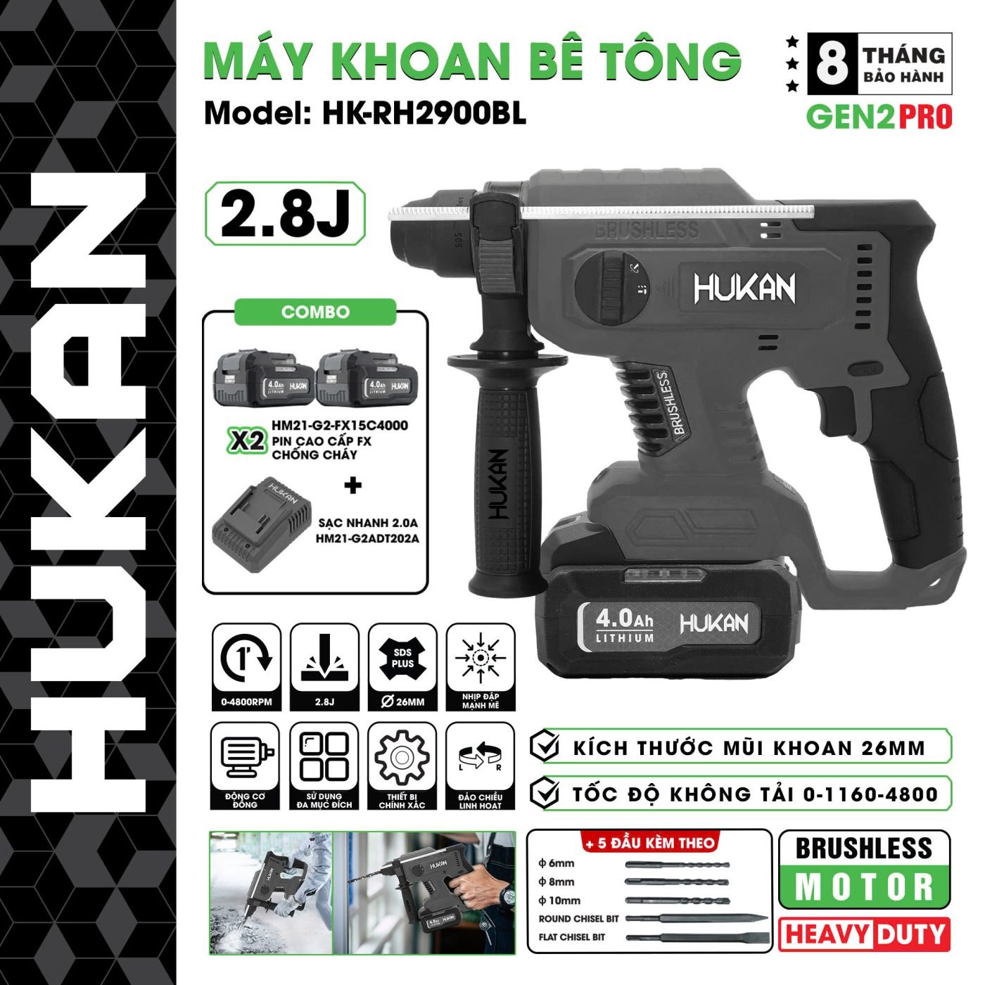 Bộ Máy khoan bê tông dùng pin 3 chức năng Gen 2 Pro HK-RH2900BL Hukan
