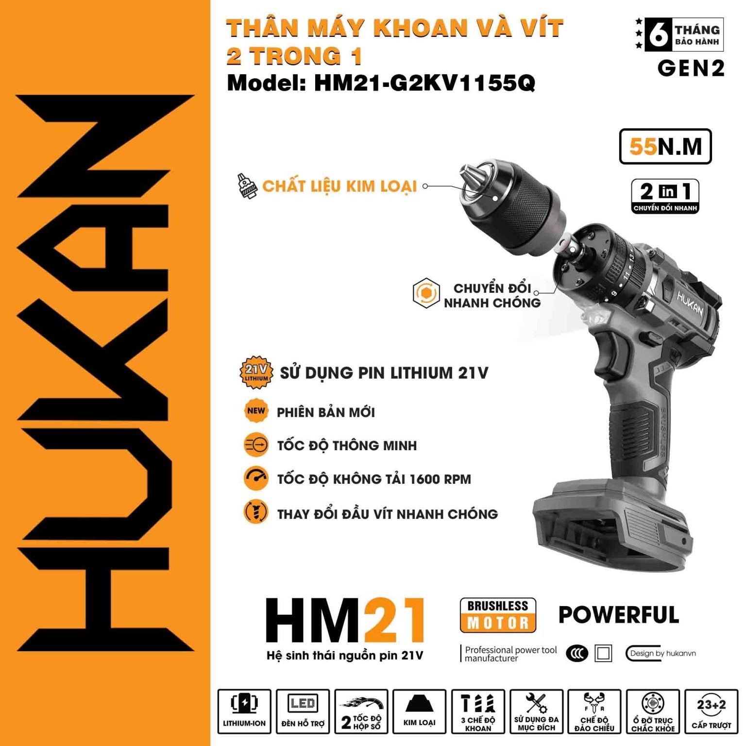THÂN MÁY KHOAN VÀ VÍT HM21-G2KV1155Q HUKAN