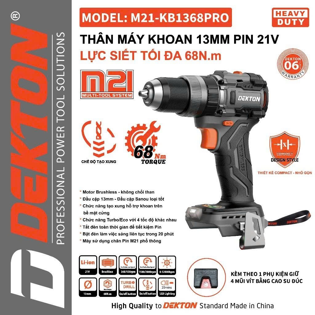 MÁY KHOAN DÙNG PIN 21V DEKTON M21-KB1368PRO (CHƯA PIN & SẠC)