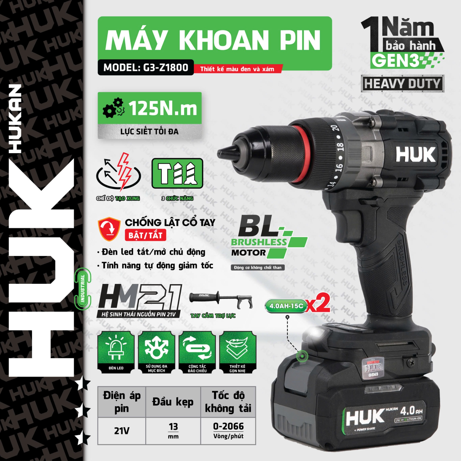 MÁY KHOAN PIN 3 CHỨC NĂNG 10MM HM21-G2X-K6 HUKAN