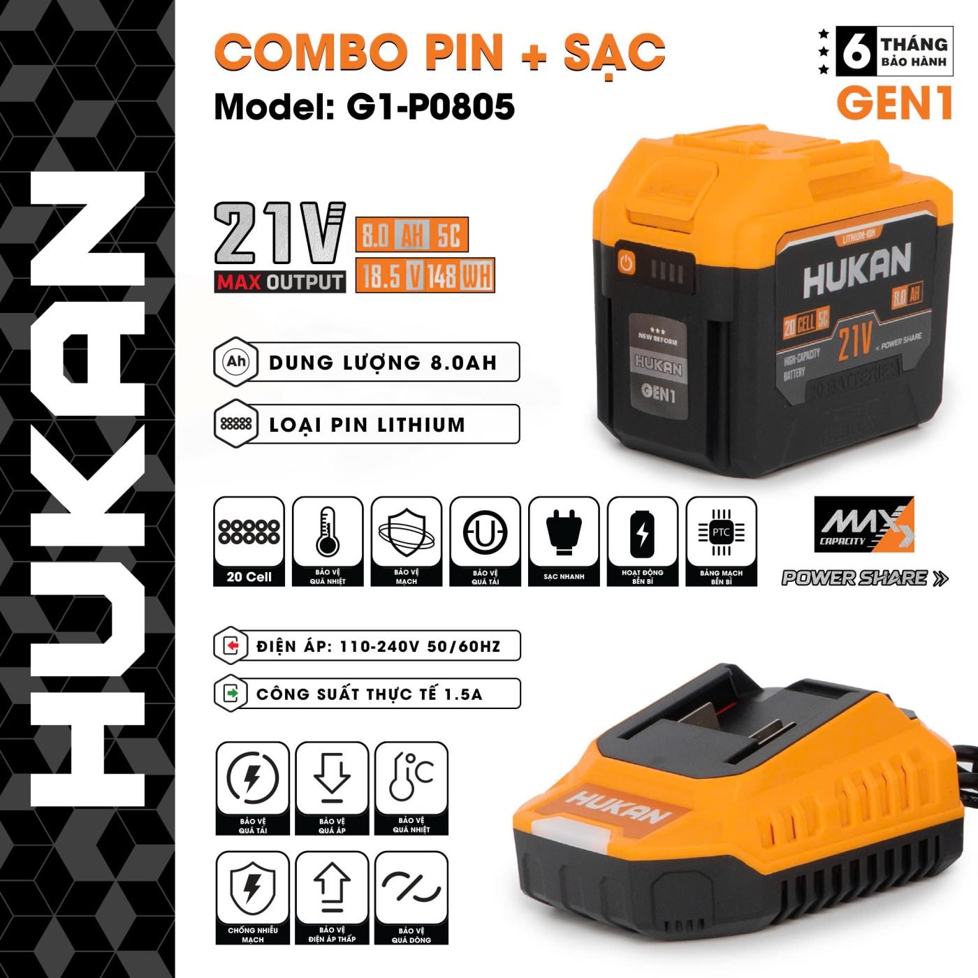COMBO PIN 20Cells 8.0 + SẠC 1.5AH G1-P0805 HUKAN