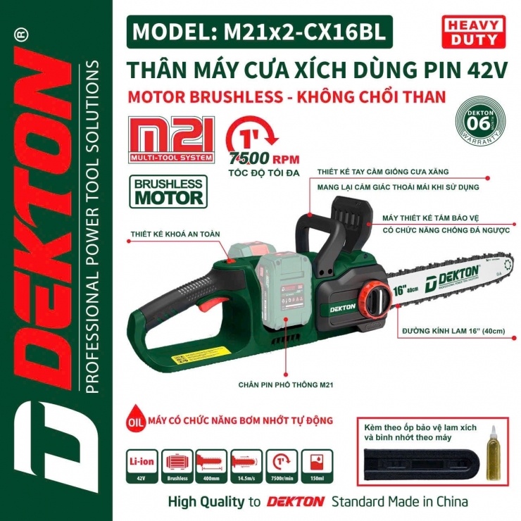 MÁY CƯA XÍCH DÙNG 2 PIN 21V DEKTON M21-CX16BL (CHƯA PIN, SẠC)