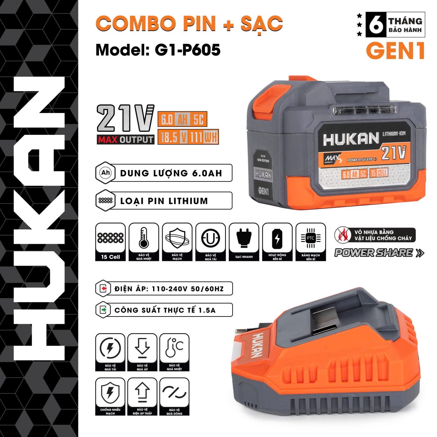 COMBO PIN 15cell 6Ah + sạc 1.5Ah G1-P605