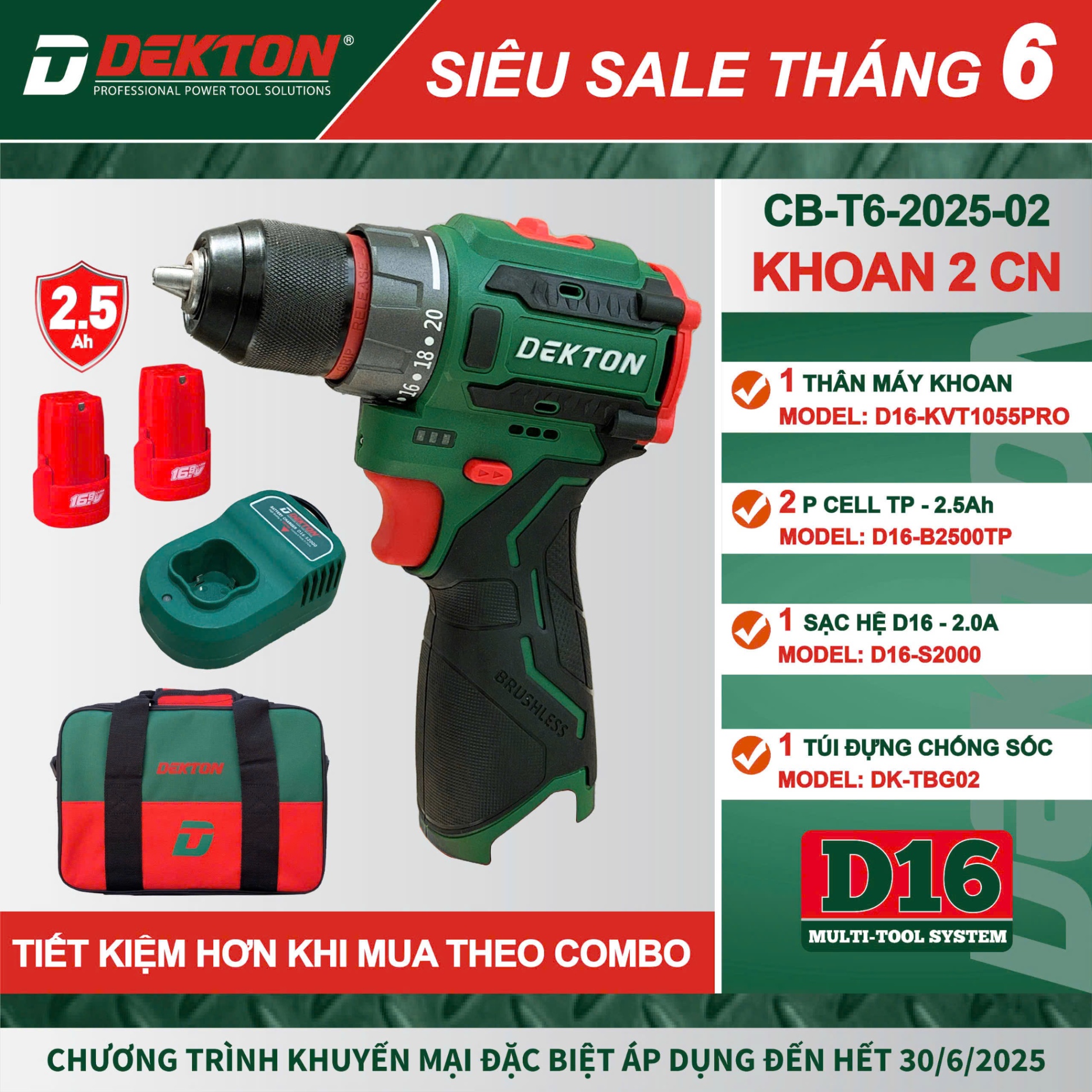 COMBO MÁY KHOAN ĐẦU CẶP 10MM D16 - KVT1055PRO DEKTON (1 MÁY, 2PIN 2.5AH, 1 SẠC, 1 TÚI ĐỰNG)