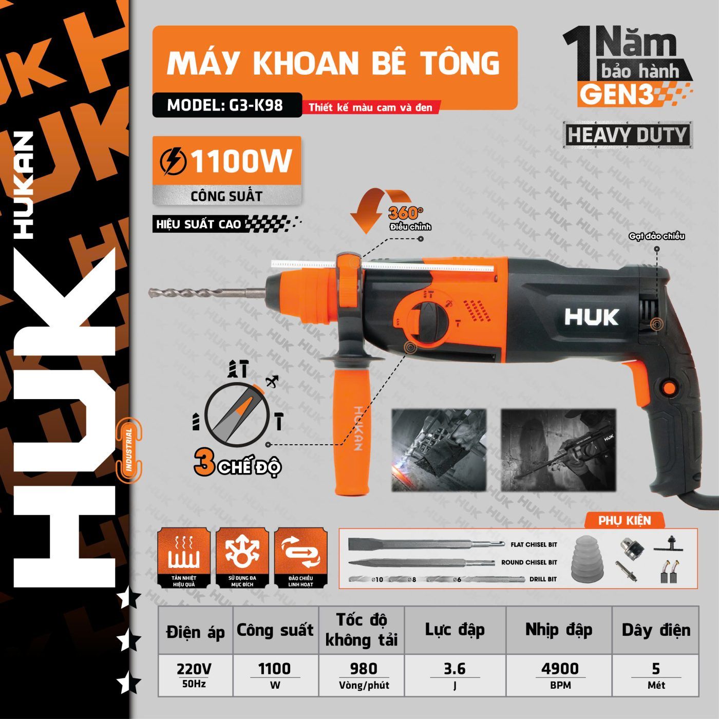 MÁY KHOAN BÊ TÔNG 3 CHỨC NĂNG G3-K98 (GEN3) HUKAN