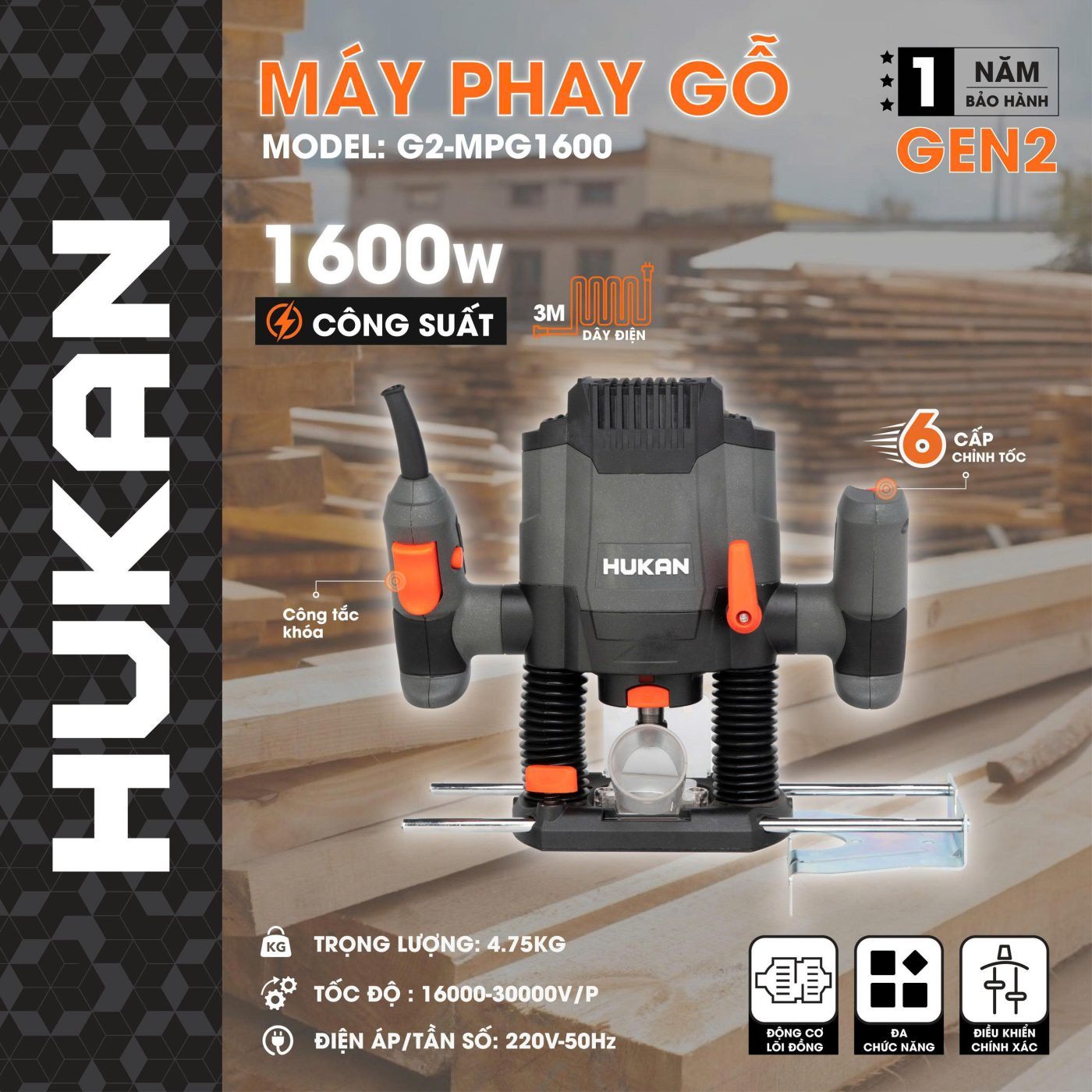 MÁY PHAY GỖ DÙNG ĐIỆN HUKAN G2-MPG1600