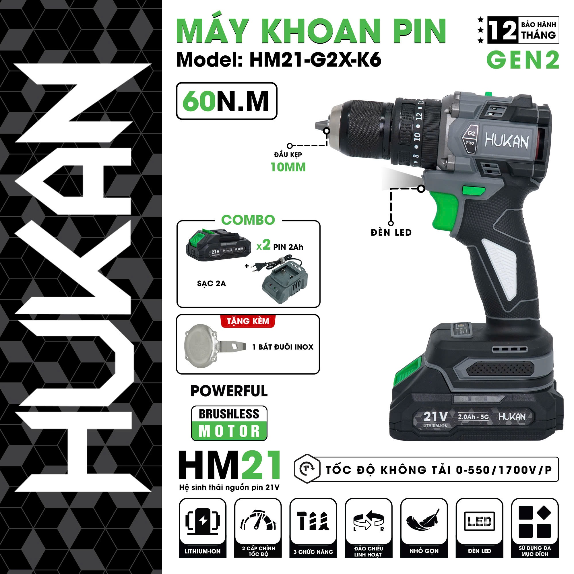 COMBO MÁY KHOAN PIN 3 CHỨC NĂNG 10MM HM21-G2X-K6 HUKAN