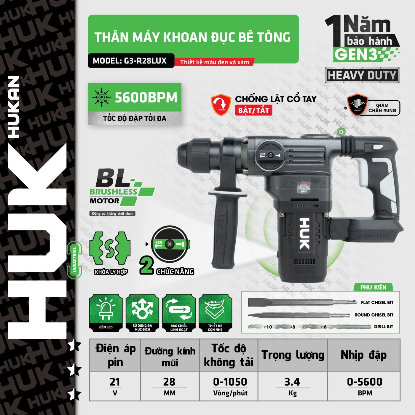 THÂN MÁY KHOAN ĐỤC BÊ TÔNG 2 CHỨC NĂNG G3-R28LUX HUKAN