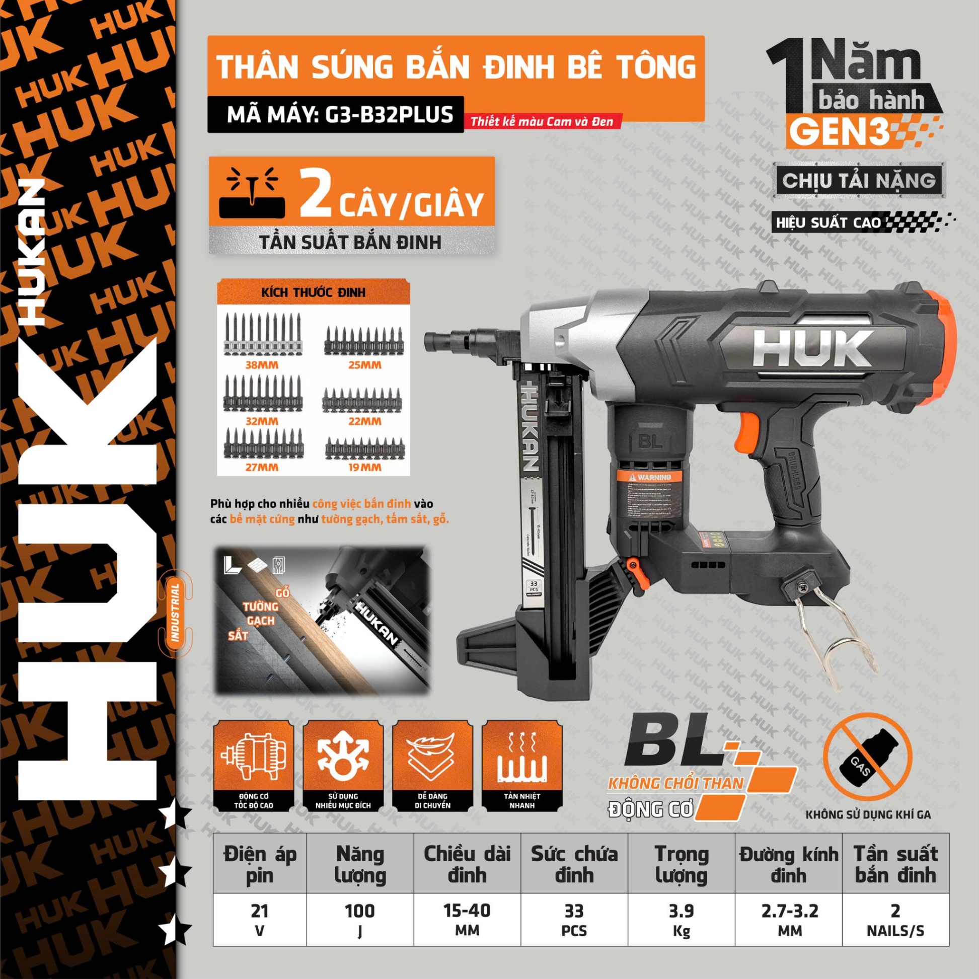 THÂN SÚNG BẮN ĐINH BÊ TÔNG G3-B32PLUS HUKAN