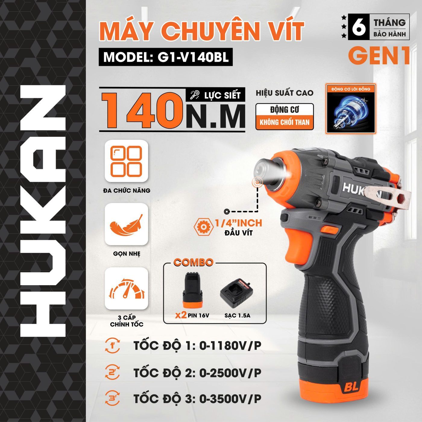 BỘ MÁY CHUYÊN VÍT BÚA G1-V140BL HUKAN