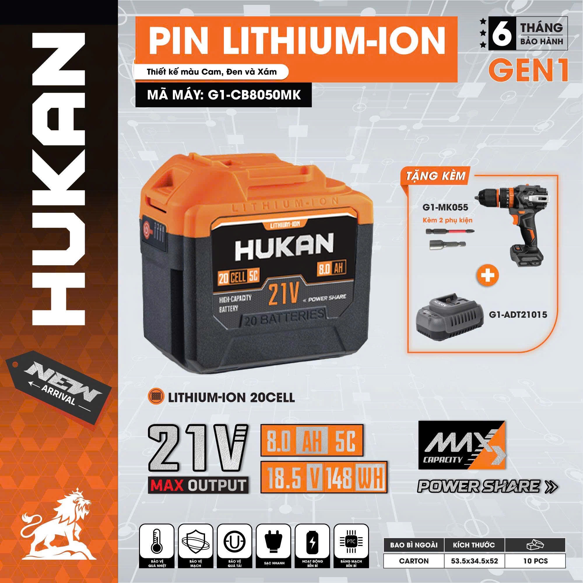 COMBO PIN SẠC TẶNG THÂN MÁY KHOAN G1-CB8050MK HUKAN