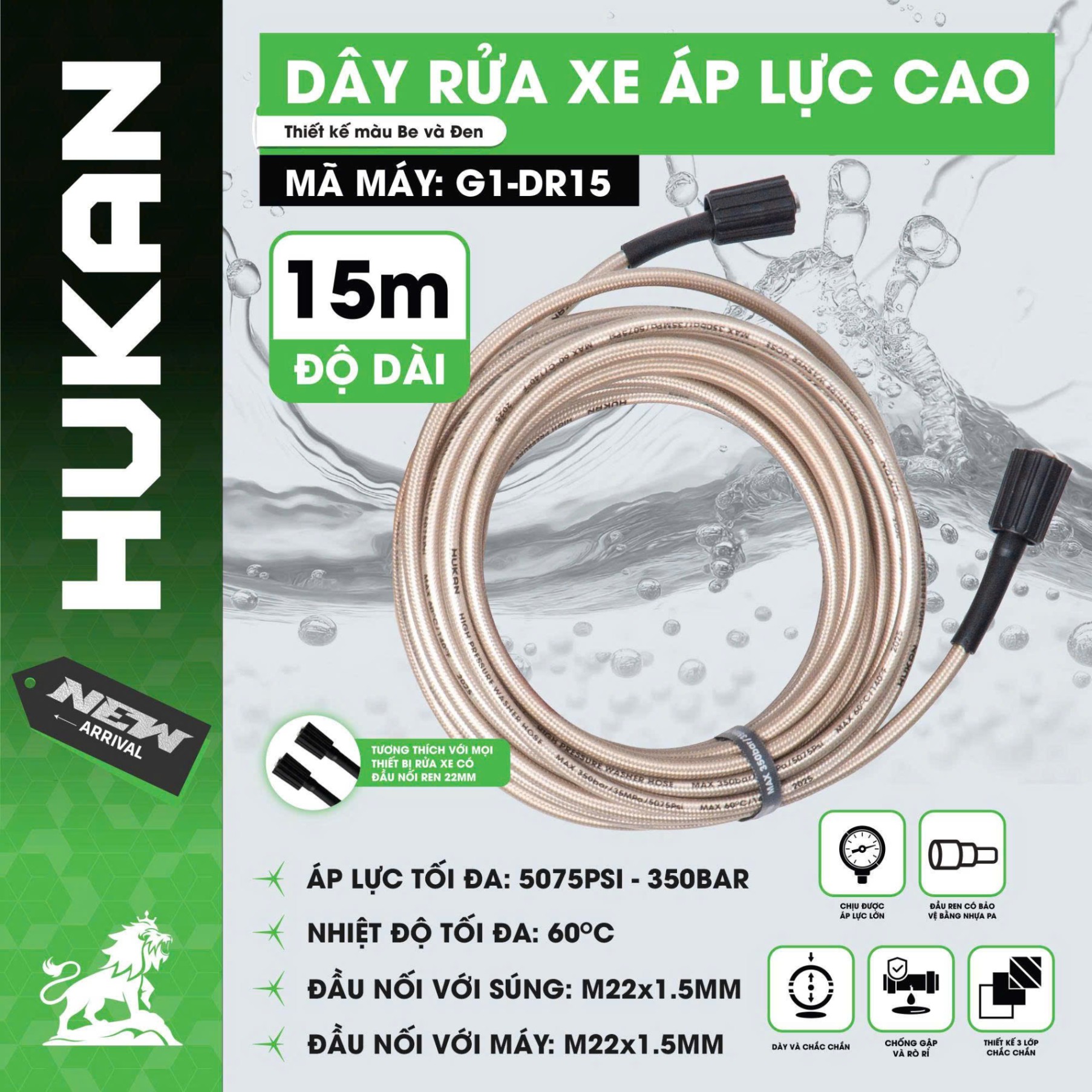 DÂY XỊT RỬA XE ÁP LỰC CAO HUKAN HK-G1-D15