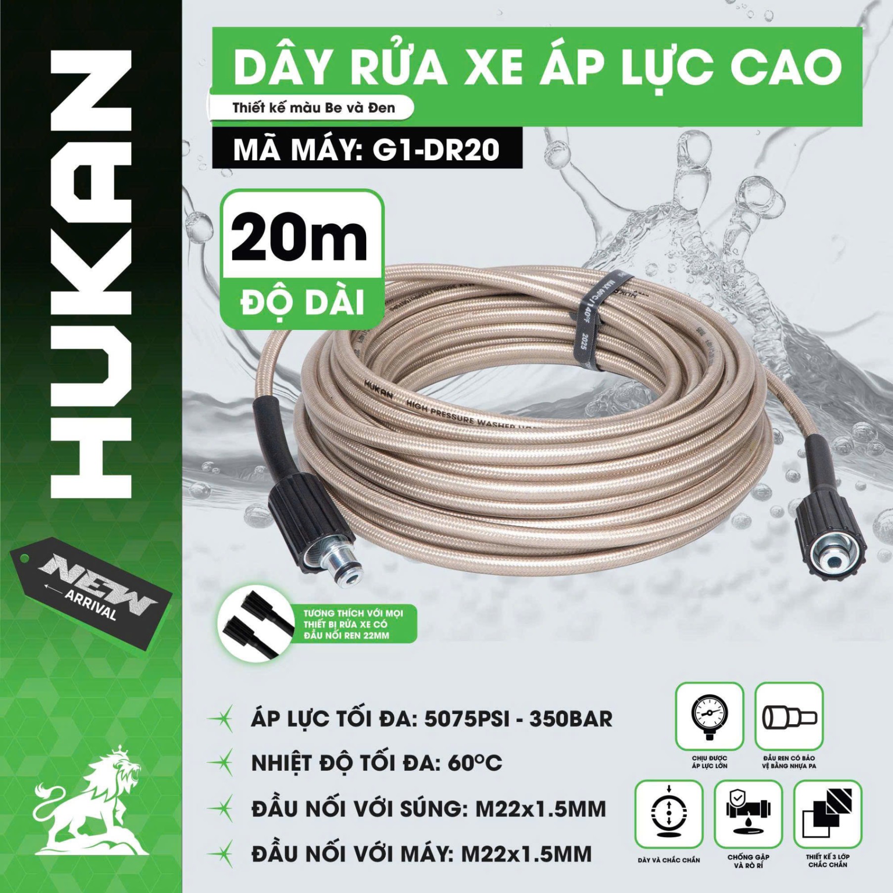 DÂY XỊT RỬA XE ÁP LỰC CAO HUKAN HK-G1-DR20