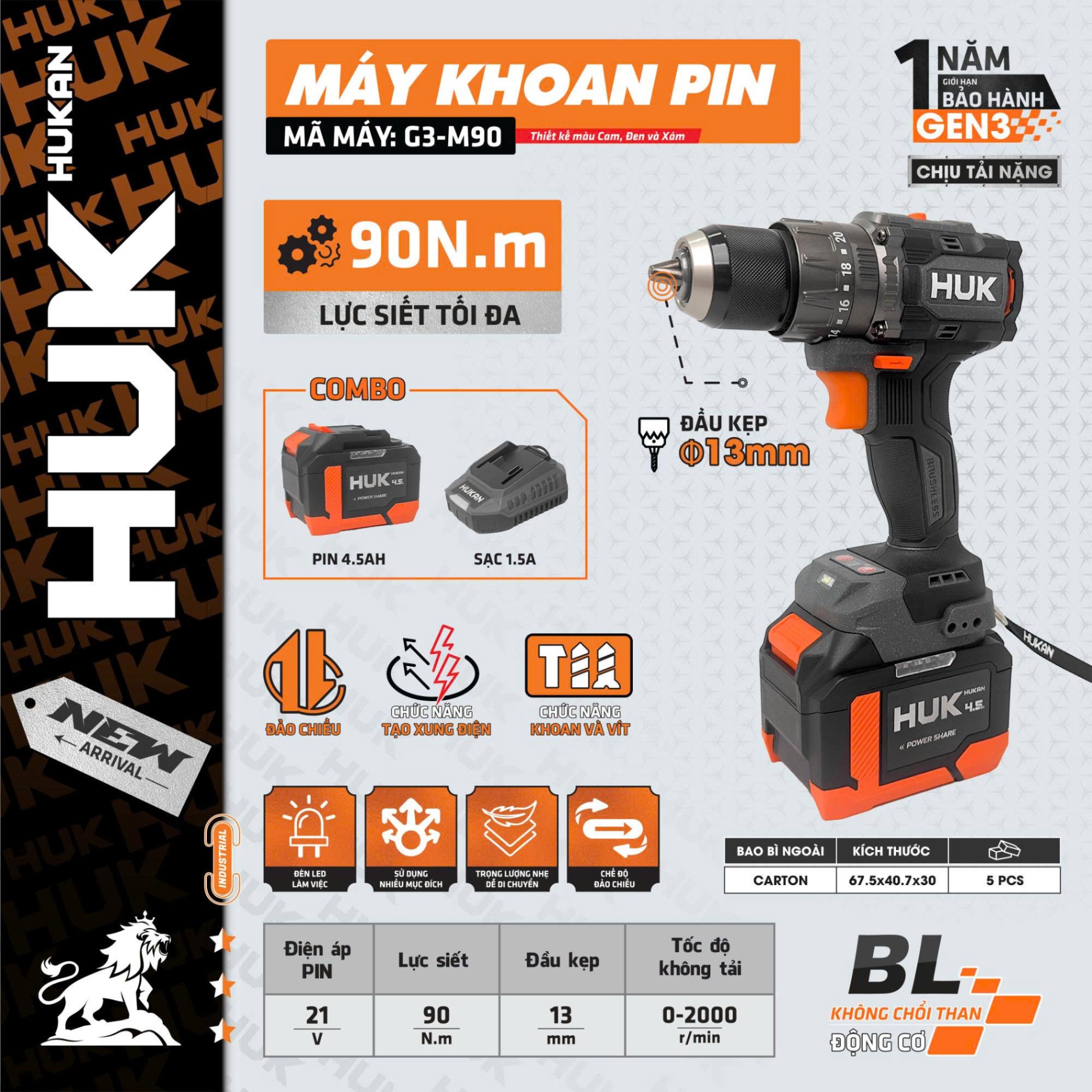 BỘ MÁY KHOAN PIN 3 CHỨC NĂNG 13MM G3-M90 HUKAN