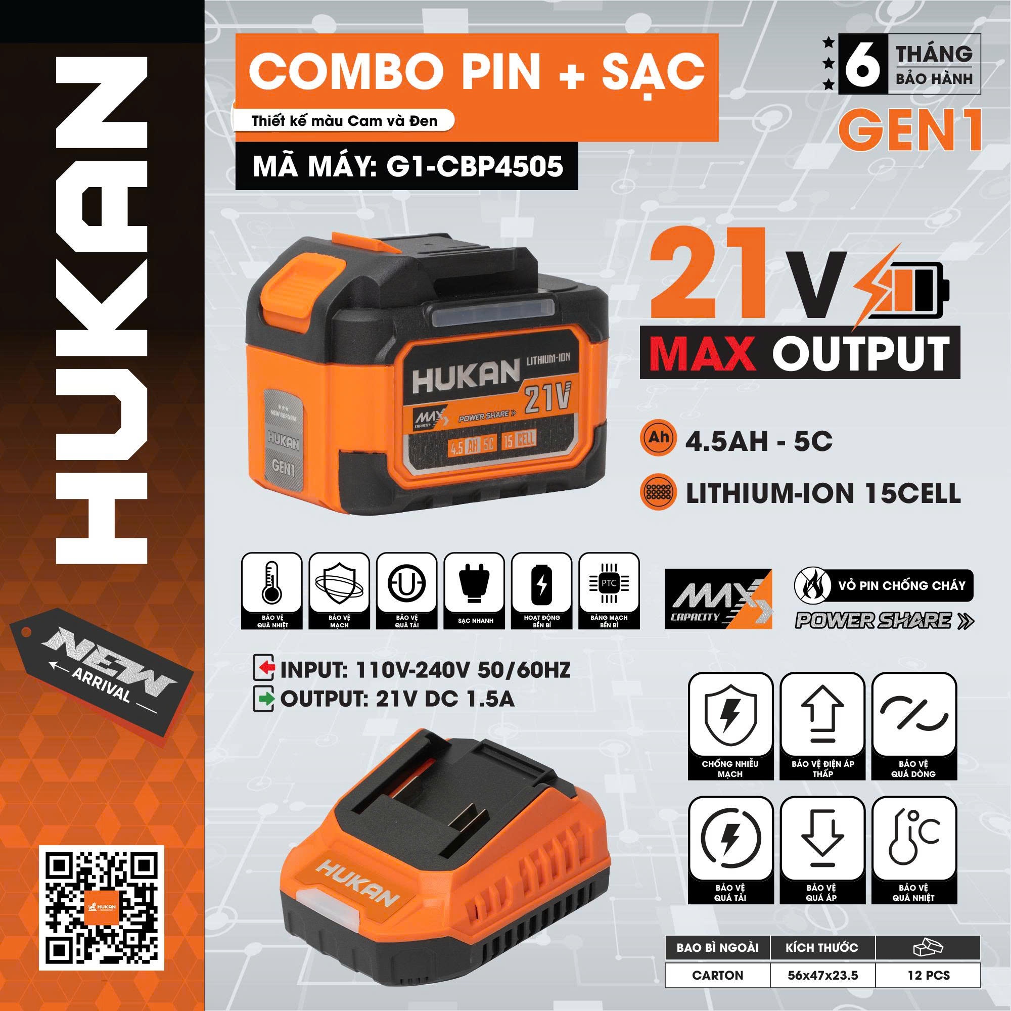 COMBO PIN 15Cells 4.5 + SẠC 1.5AH HUKAN G1-CBP4505