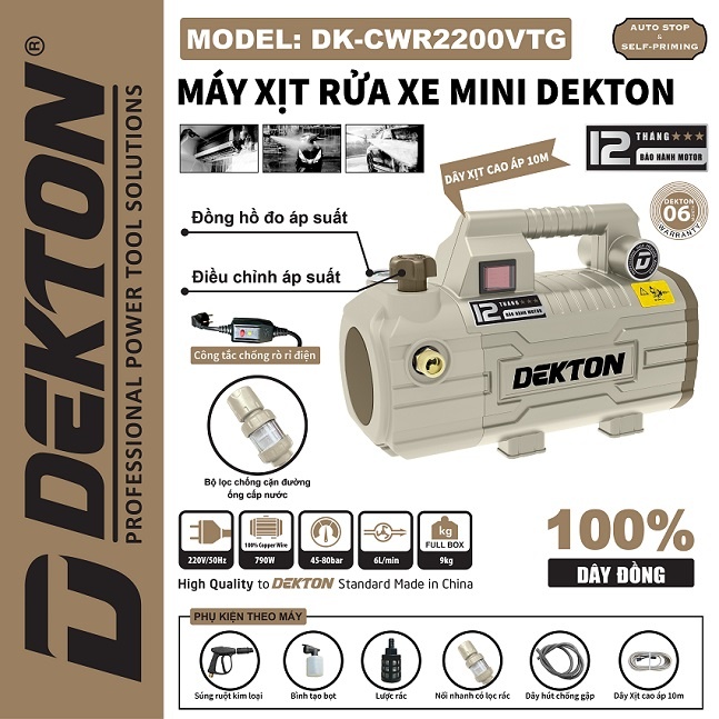 Máy Xịt Rửa Xe Mini Dekton DK-CWR2200VTG | Motor Dây Đồng 100% | Tự Hút Nước - Auto Stop - Áp Lực Cực Mạnh