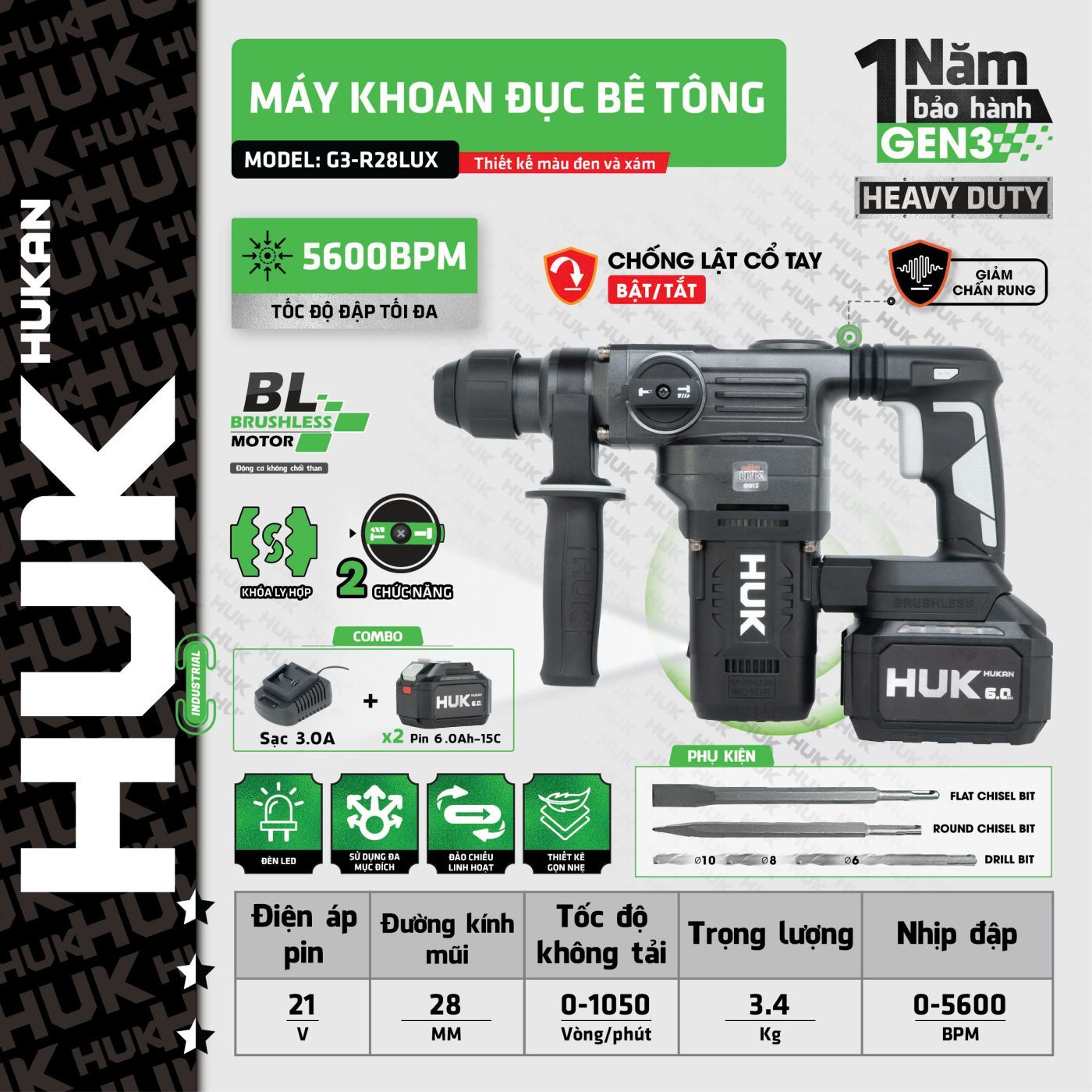 Bộ Máy khoan đục bê tông 2 chức năng (Gen3) G3-R28LUX Hukan