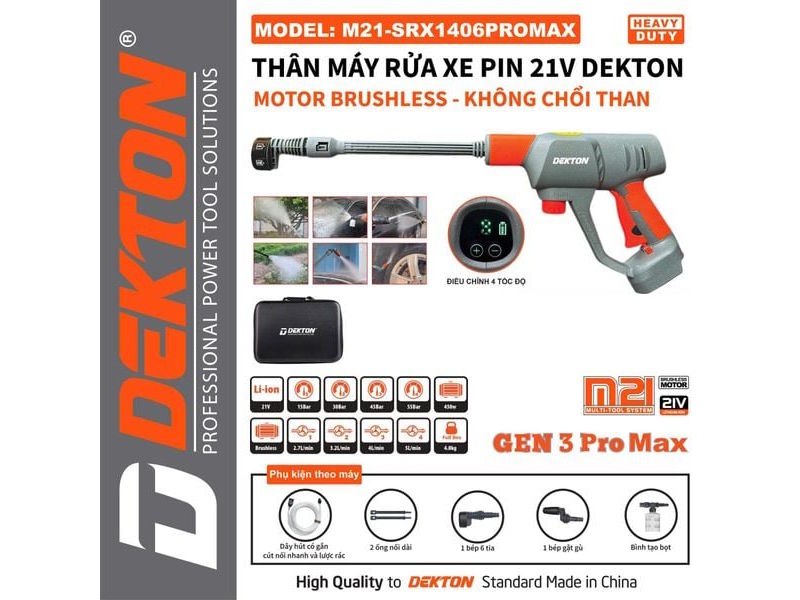 SÚNG RỬA XE DÙNG PIN 21V DEKTON M21-SRX1406PROMAX (CHƯA PIN, SẠC)