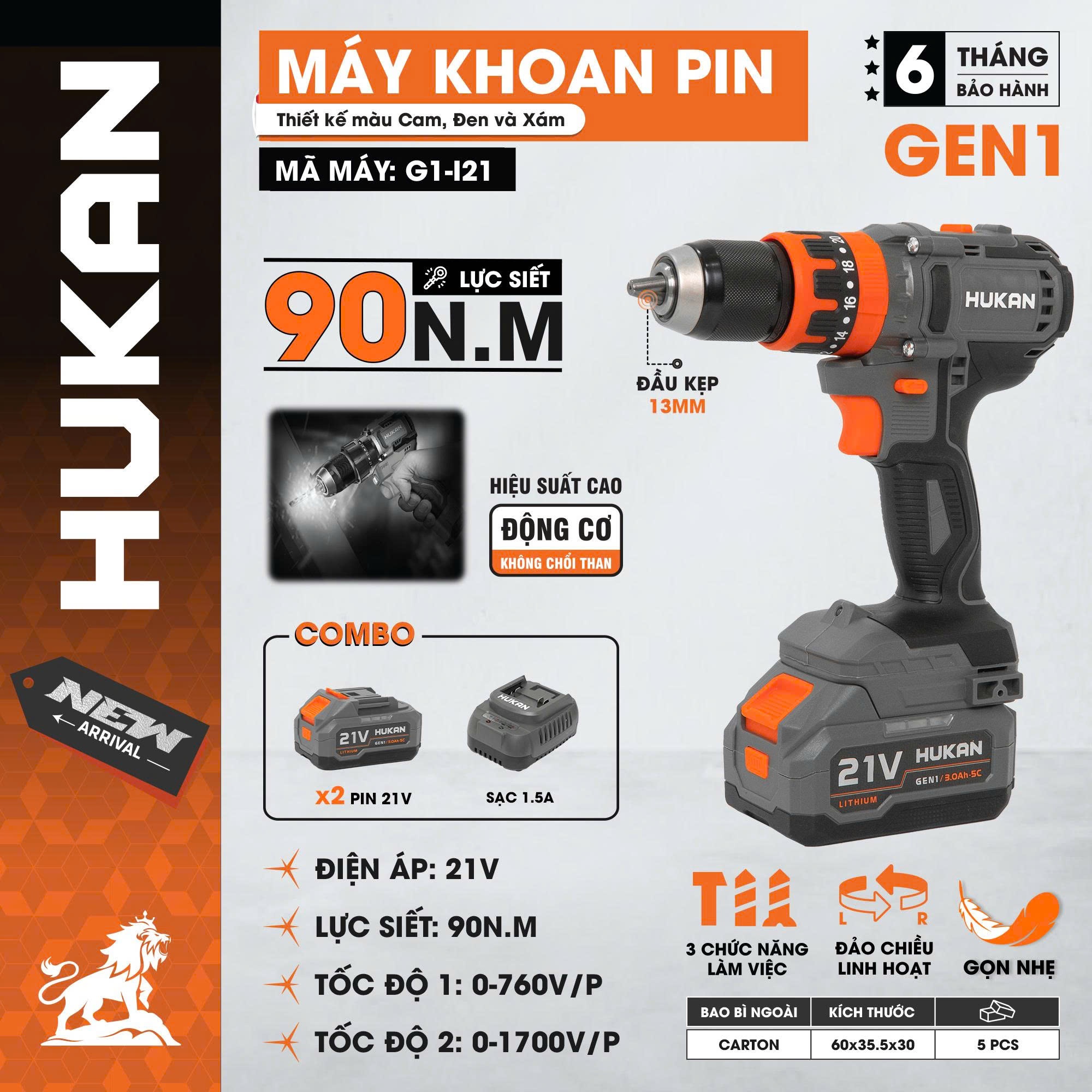 BỘ MÁY KHOAN PIN 13MM (GEN1) G1-I21 HUKAN