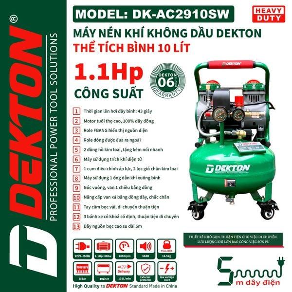 MÁY NÉN KHÍ KHÔNG DẦU (10L, 1.1HP) DK-AC2910SW DEKTON