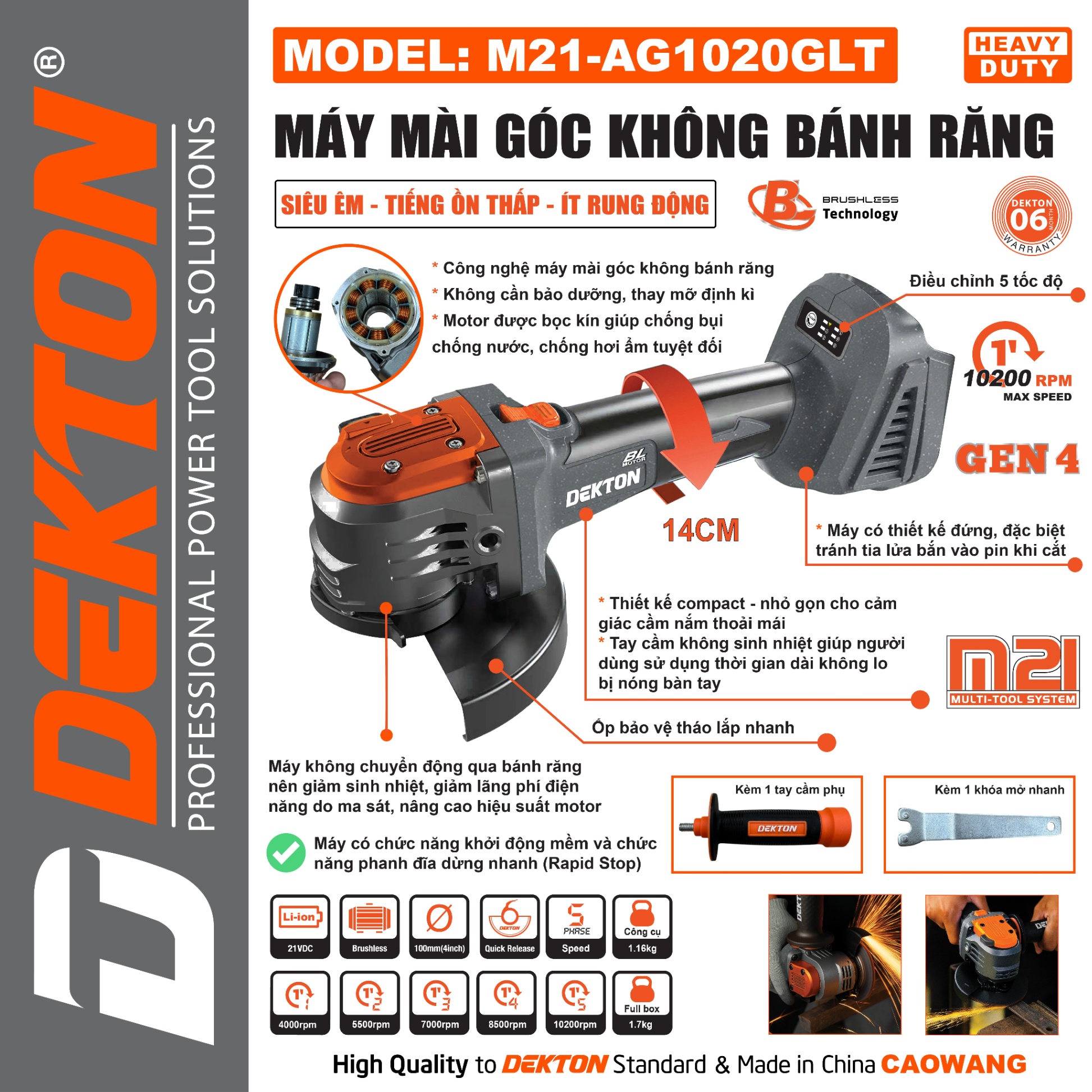 Thân máy mài góc dùng pin 21V Dekton M21-AG1020GLT (Không Bánh Răng)